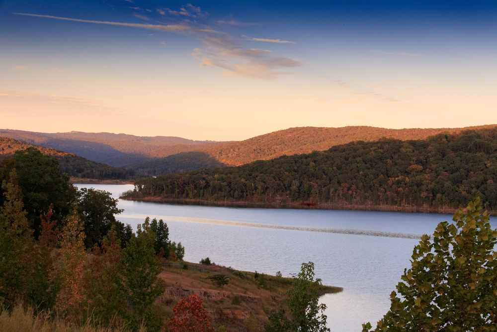A beautiful view of Fort Smith Lake nestled in the Boston Mountains located in Fort Smith, Arkansas.