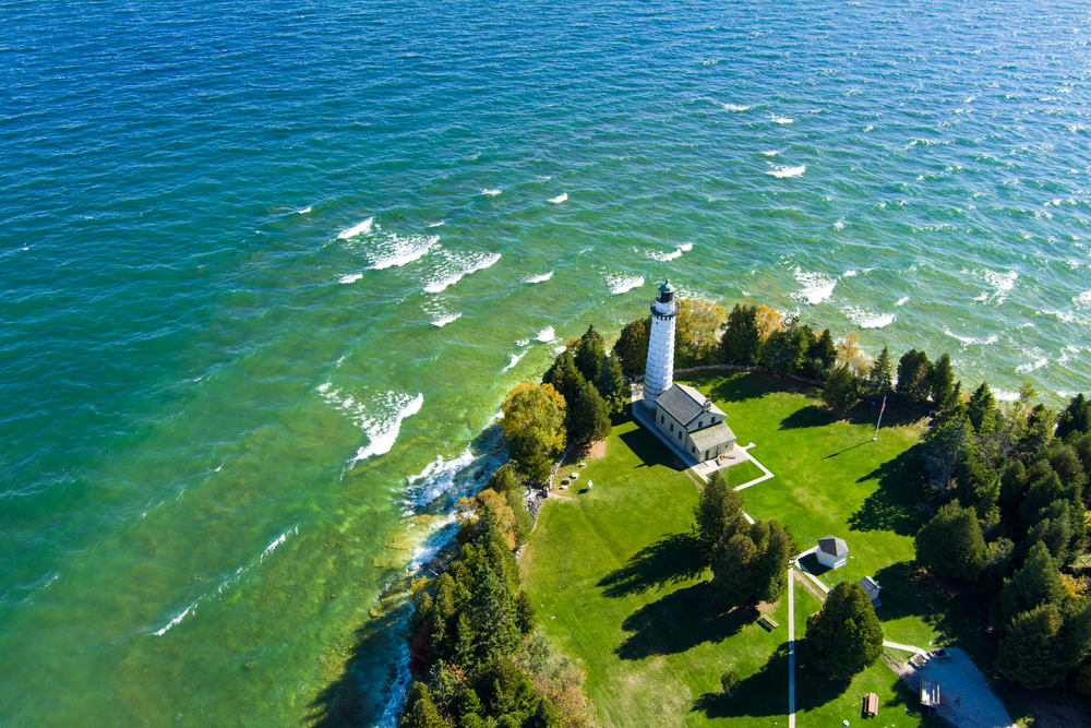The famous Cana Island lighthouse located next to Lake Michigan in Door County, Wisconsin.