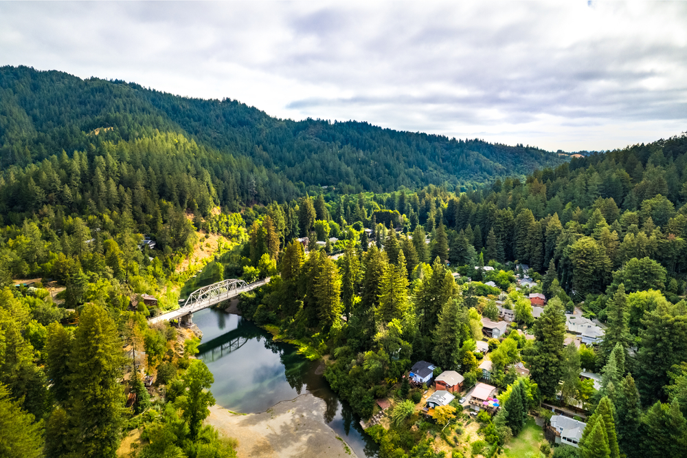 Beautiful aerial view of Hacienda, California in the redwoods of Sonoma County.