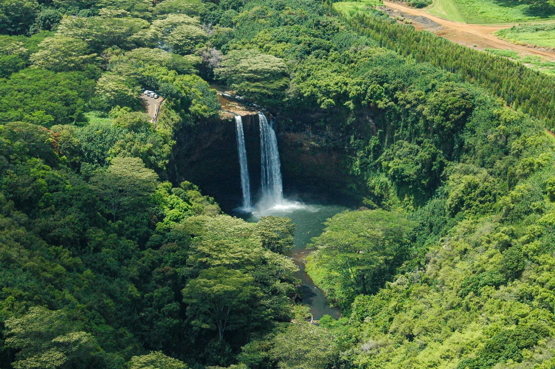 Waterfall view from a helicopter on the island of Kauai.
