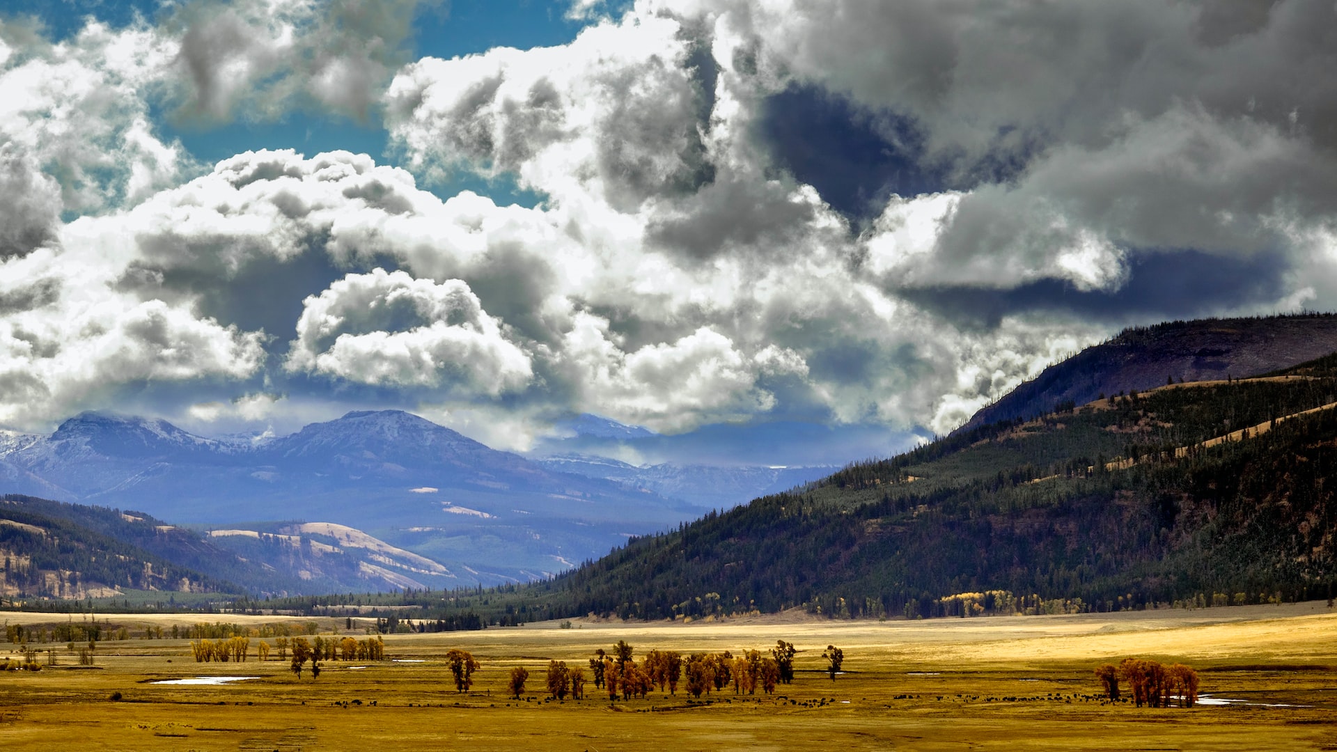 Panoramic view of the Lamar Valley and storm clouds above.