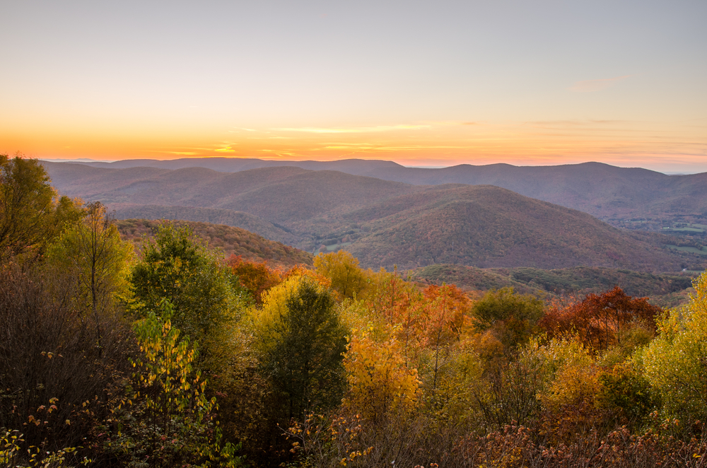 Majestic autumnal landscape in the Berkshires mountains at sunset.