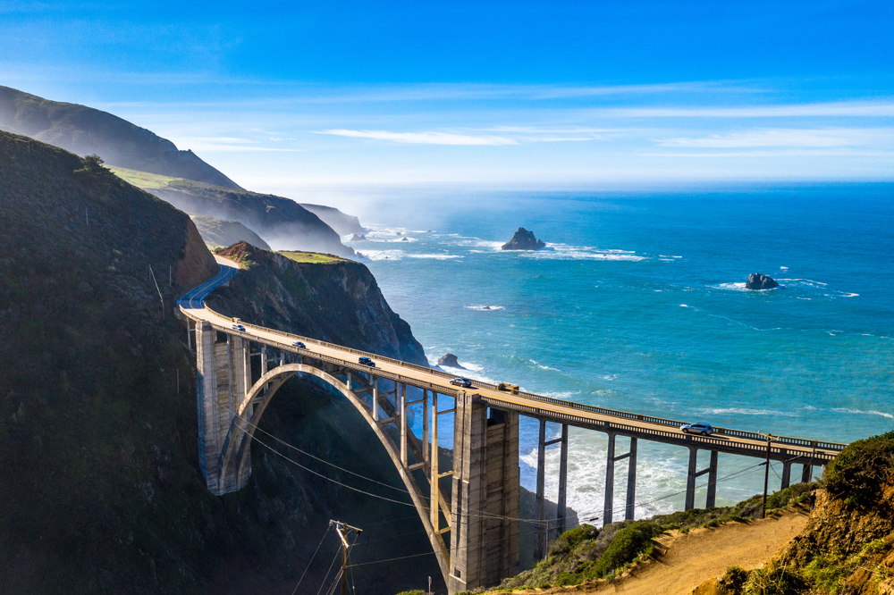 Aerial view of Bixby Bridge (Rocky Creek Bridge) and Pacific Coast Highway near Big Sur in California.