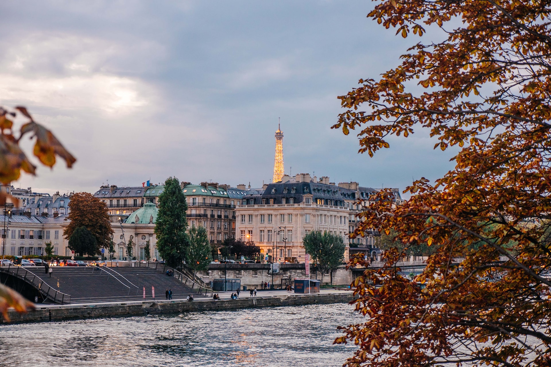 Views of the Seine River and Eiffel Tower in fall.