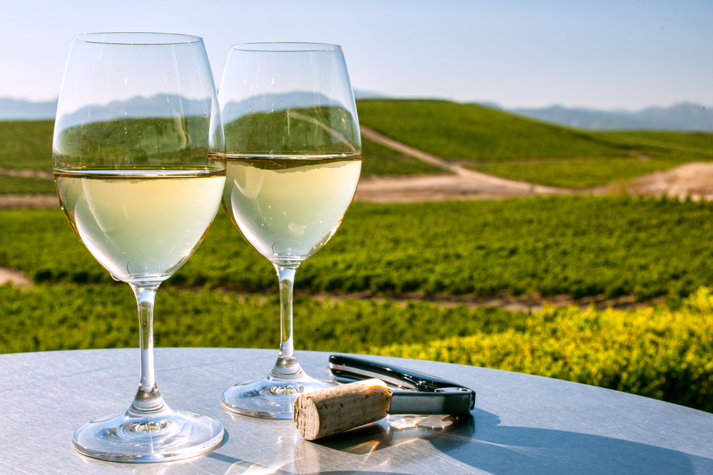 Two glasses of white wine on a table overlooking California wine country on a sunny, cloudless day.
