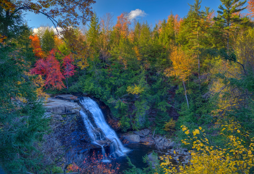 Muddy Creek Falls at Swallow Falls State Park during the Fall Season Sunset in Deep Creek Lake Region, Maryland.