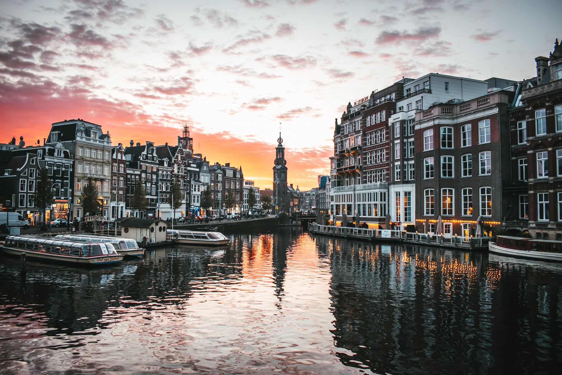 Sunset over Muntplein in Amsterdam.