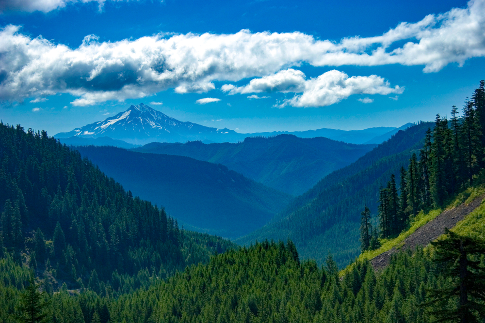 Looking at Mt Jefferson through the forests and valleys and ridges of the central cascade mountains in Willamette National Forest, Oregon.