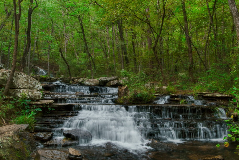 Long exposure of a waterfall on the Collins Creek Trail in Heber Springs, Arkansas.