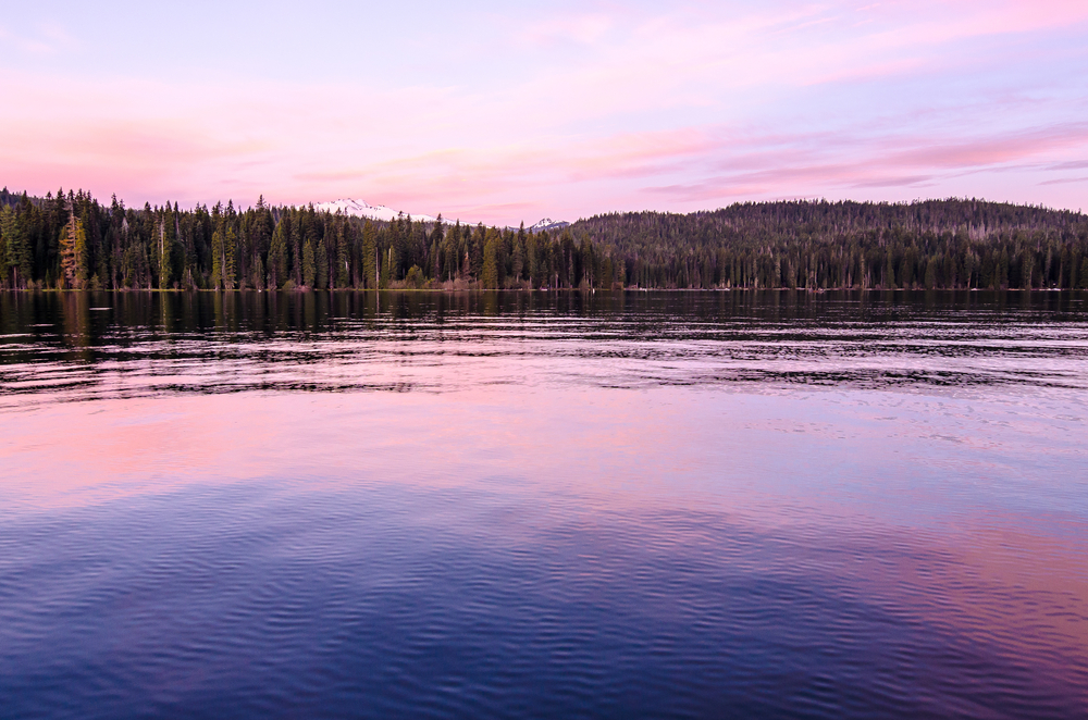 A colorful sunrise over Odell Lake in Oregon.