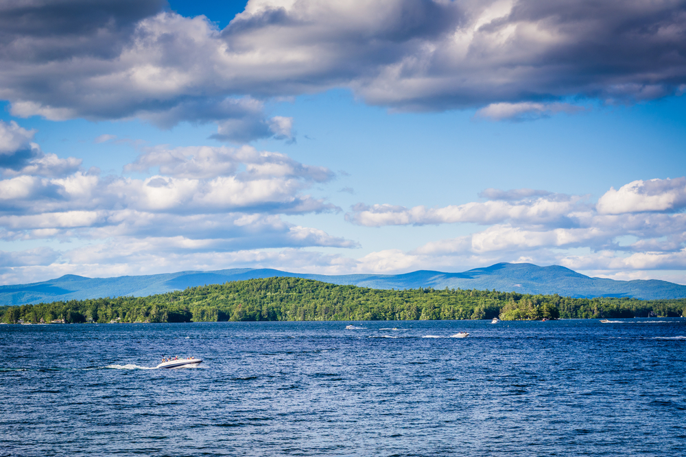 Mountain ranges and Lake Winnipesaukee in Weirs Beach, Laconia, New Hampshire.