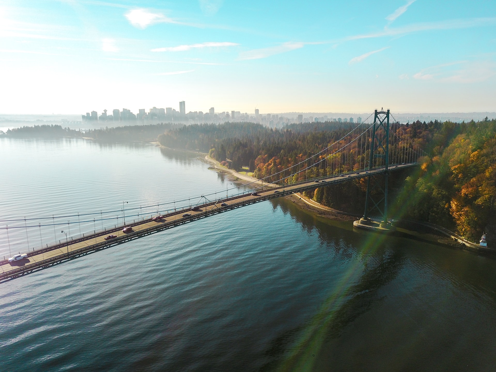 Aerial view of Stanley Park and the Lions Gate Bridge.