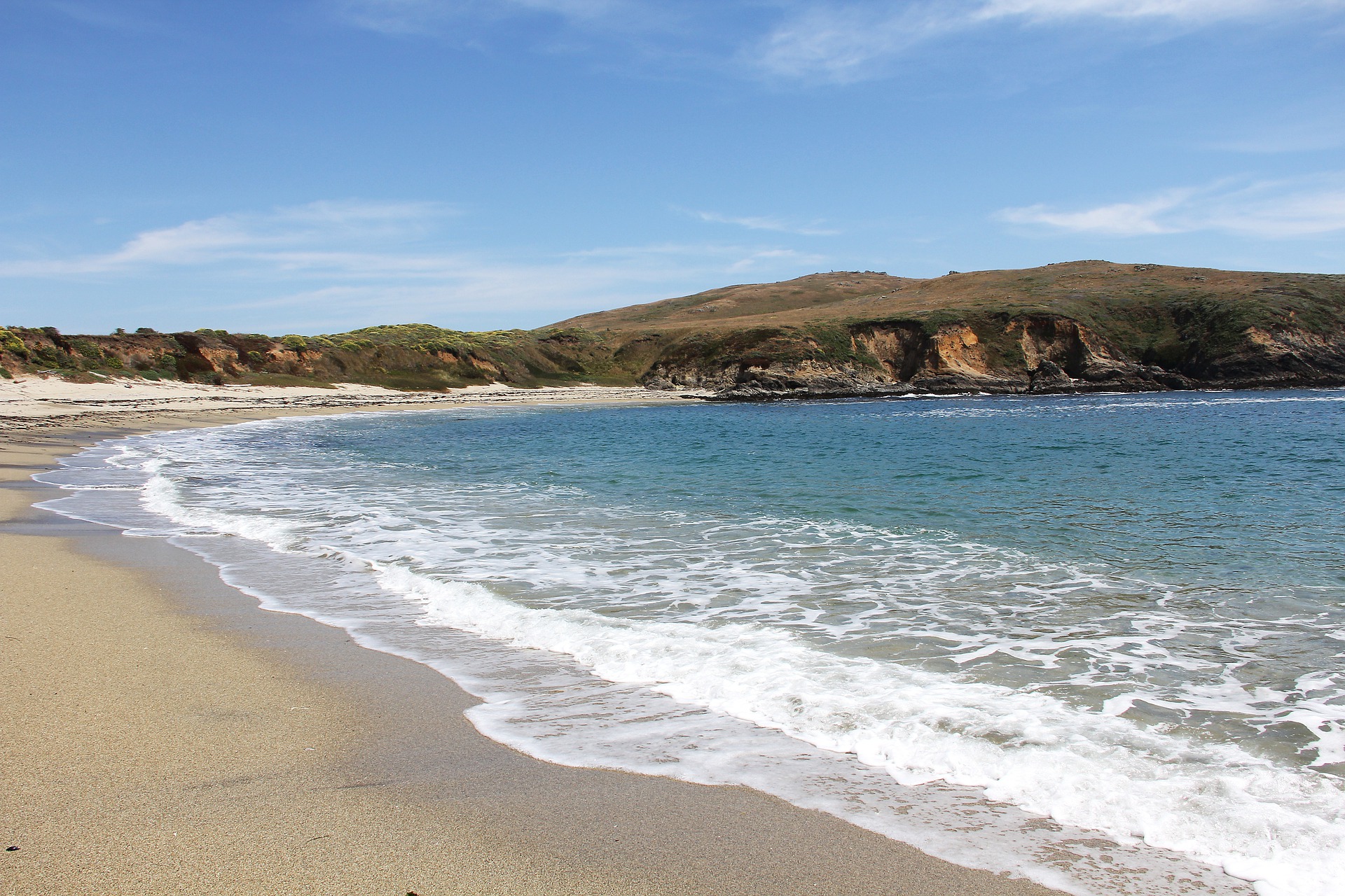 A beach scene — nice sand, placid waves — in Bodega Bay, California.
