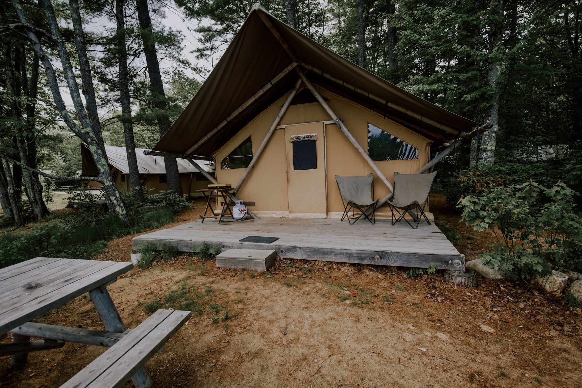 A lakefront cabin with a patio and picnic out front.