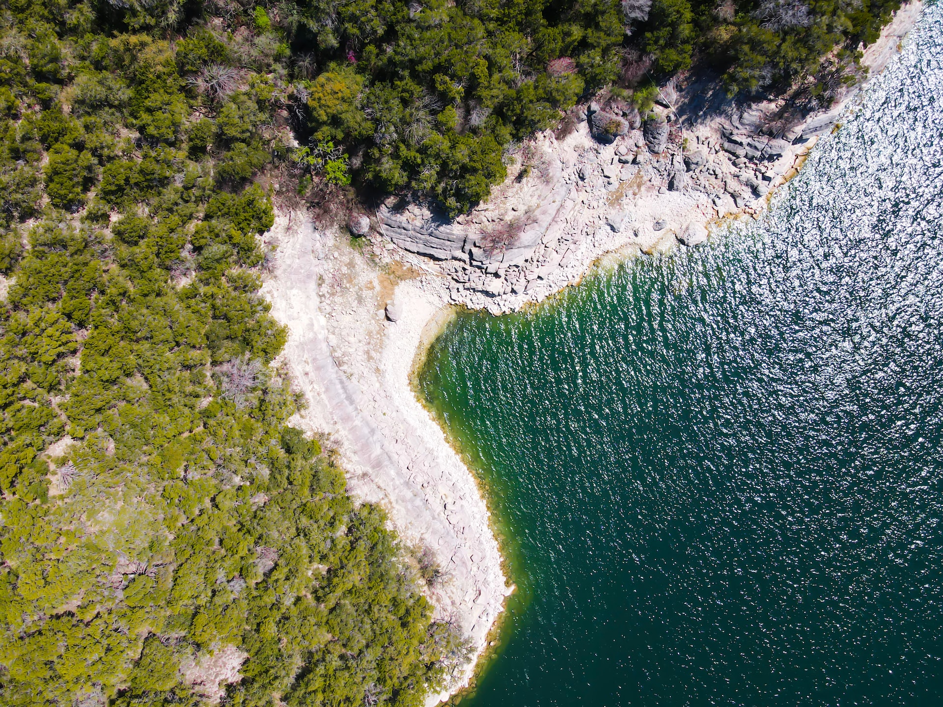 The shoreline along Lake Travis as seen from an aerial view.