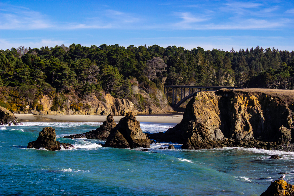Russian Gulch State Park, rock formations, surf, cliffside trees, and trails, in Mendocino.