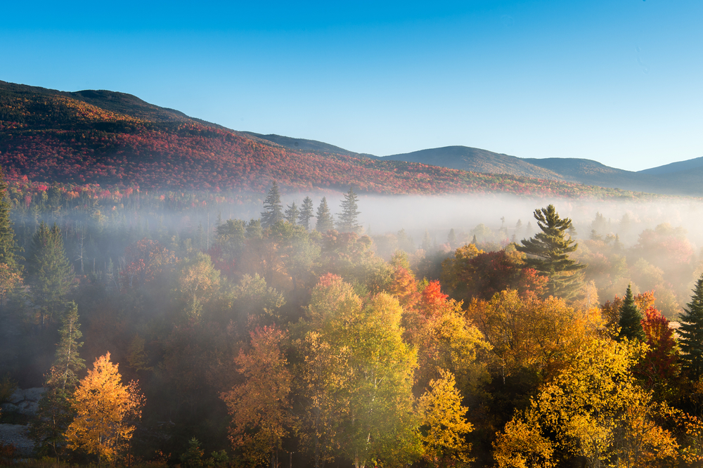 View of the White Mountains covered in foliage and fog from the 2nd floor of the Omni Mount Washington Resort in Bretton Woods.