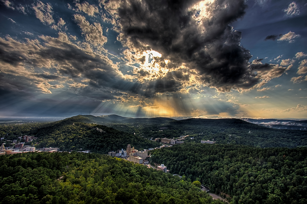Sun rays and clouds over Hot Springs, Arkansas.