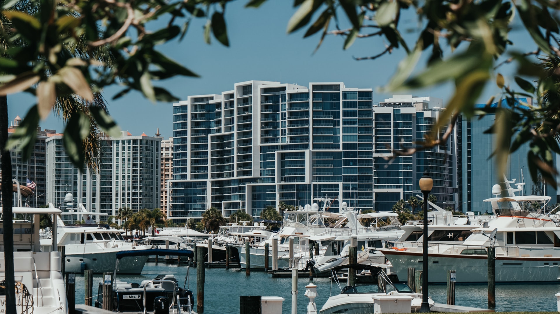 Modern-looking condos overlooking a marina in Sarasota.