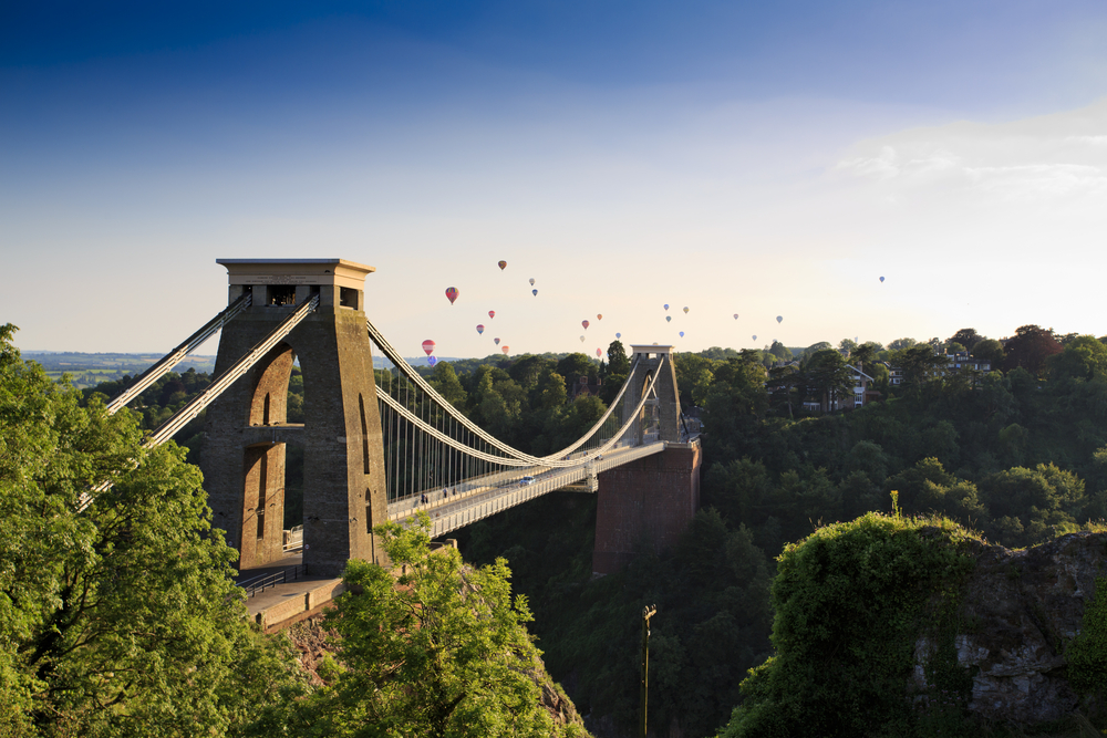 Clifton suspension bridge and Balloon Fiesta, Bristol, UK.