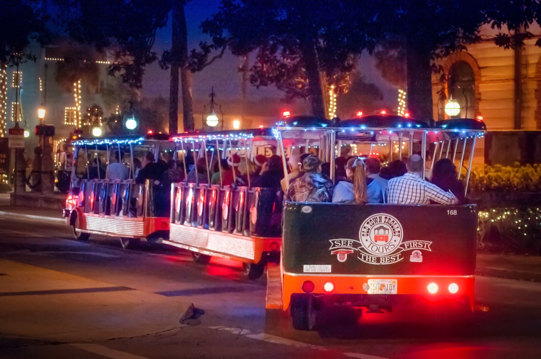 A trolley ride bedecked in Christmas lights and decorations.