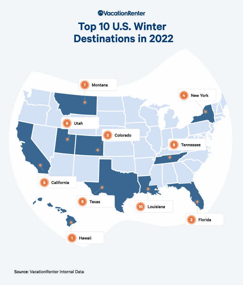 Infographic map of the United States with the top U.S. winter destinations for 2022.