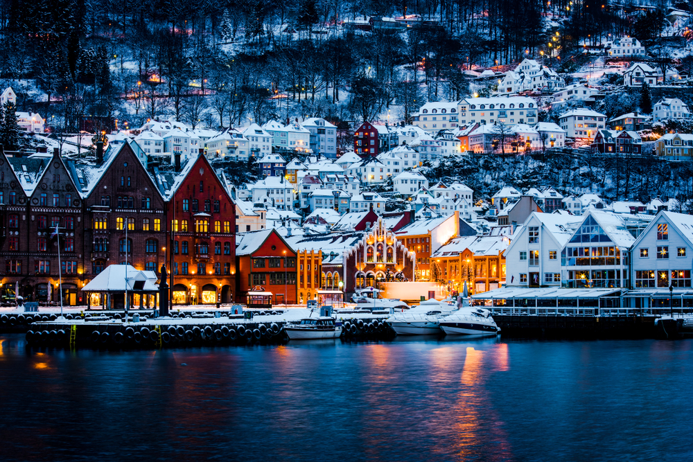 A panorama of historical buildings of Bergen at Christmas time.