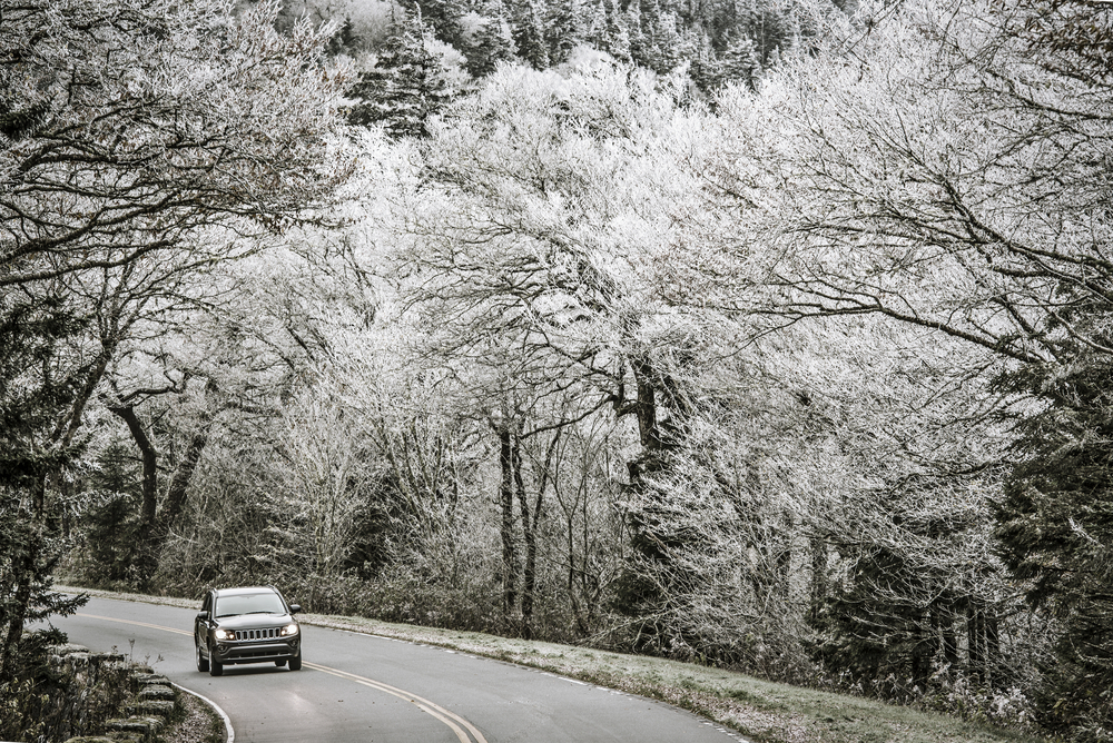 Smoky Mountains roadway in Tennessee during winter with ice on the trees.