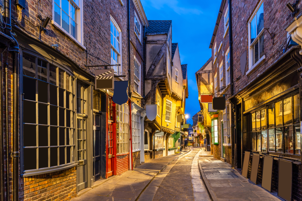 The Shambles alley during sunset, which was the inspiration for Diagonal Alley in the Harry Potter series.