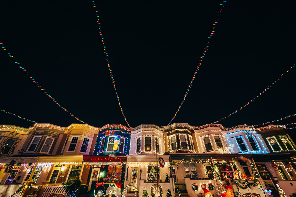 The Miracle on 34th Street Christmas lights at night, in Hampden, Baltimore, Maryland.