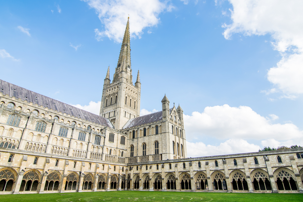 The Norwich cathedral on a sunny day in Norwich, Norfolk, England.