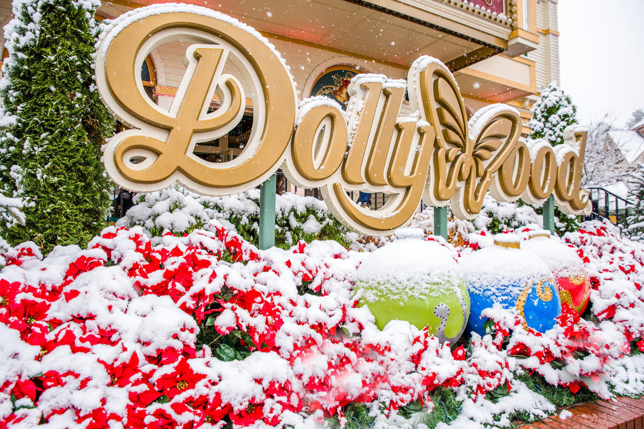 Dollywood sign bedecked in Christmas decorations.