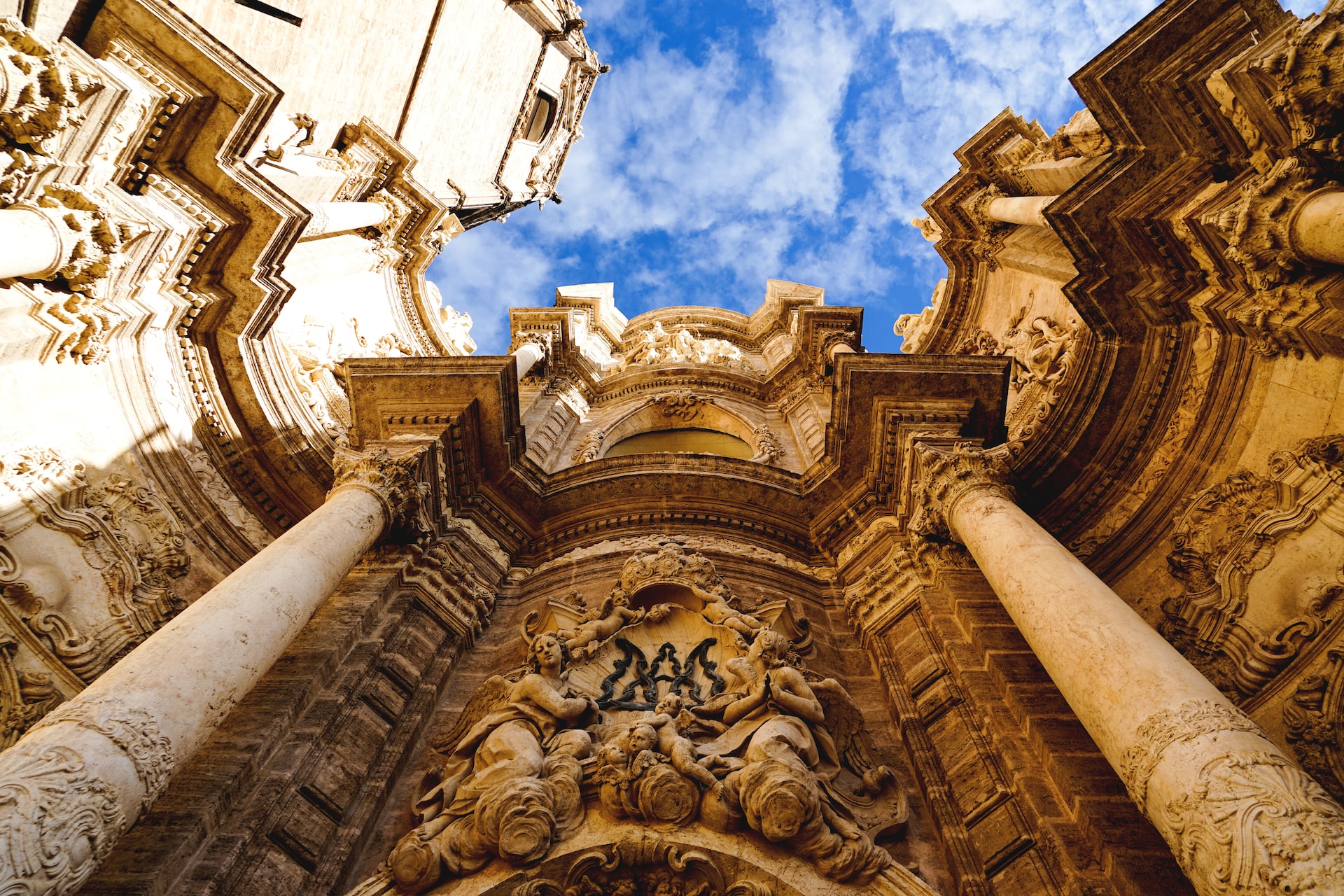 A brilliant sunny day illuminating some stone architecture in Valencia, Spain.
