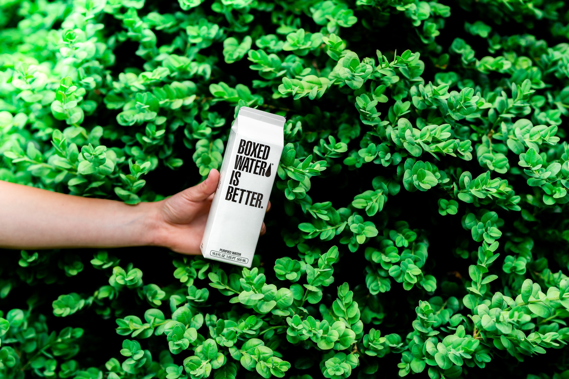 A disembodied hand holding boxed water.