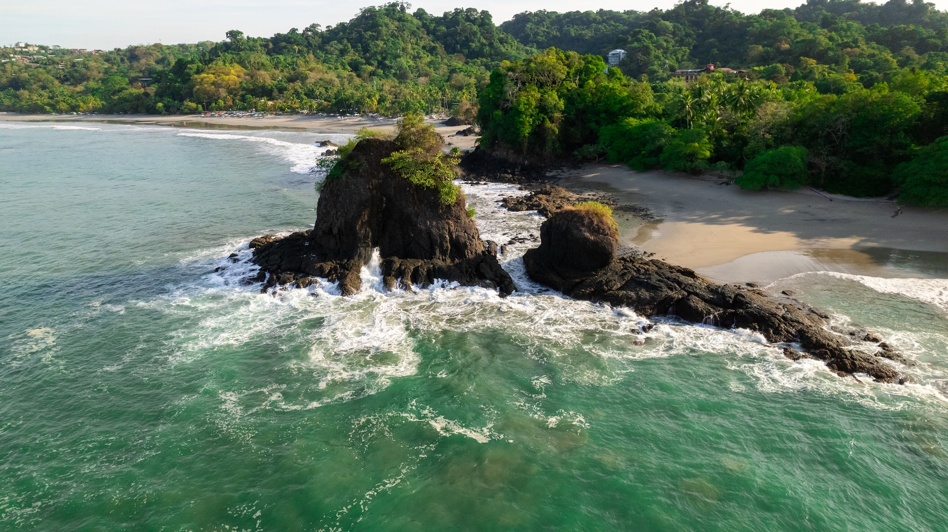 An aerial view of Playa Espadilla in the Puntarenas Province of Quepos, Costa Rica.