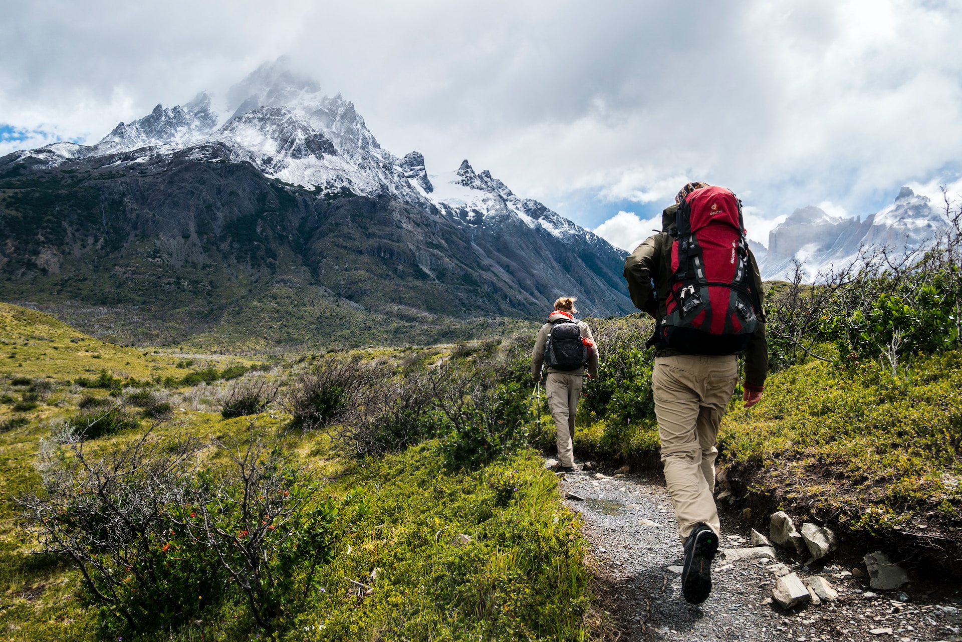 Two people with packs on hiking in Chile and Patagonia.