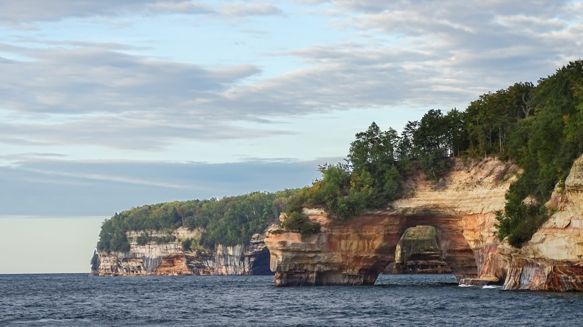 View of Pictured Rocks from a boat in Lake Superior.