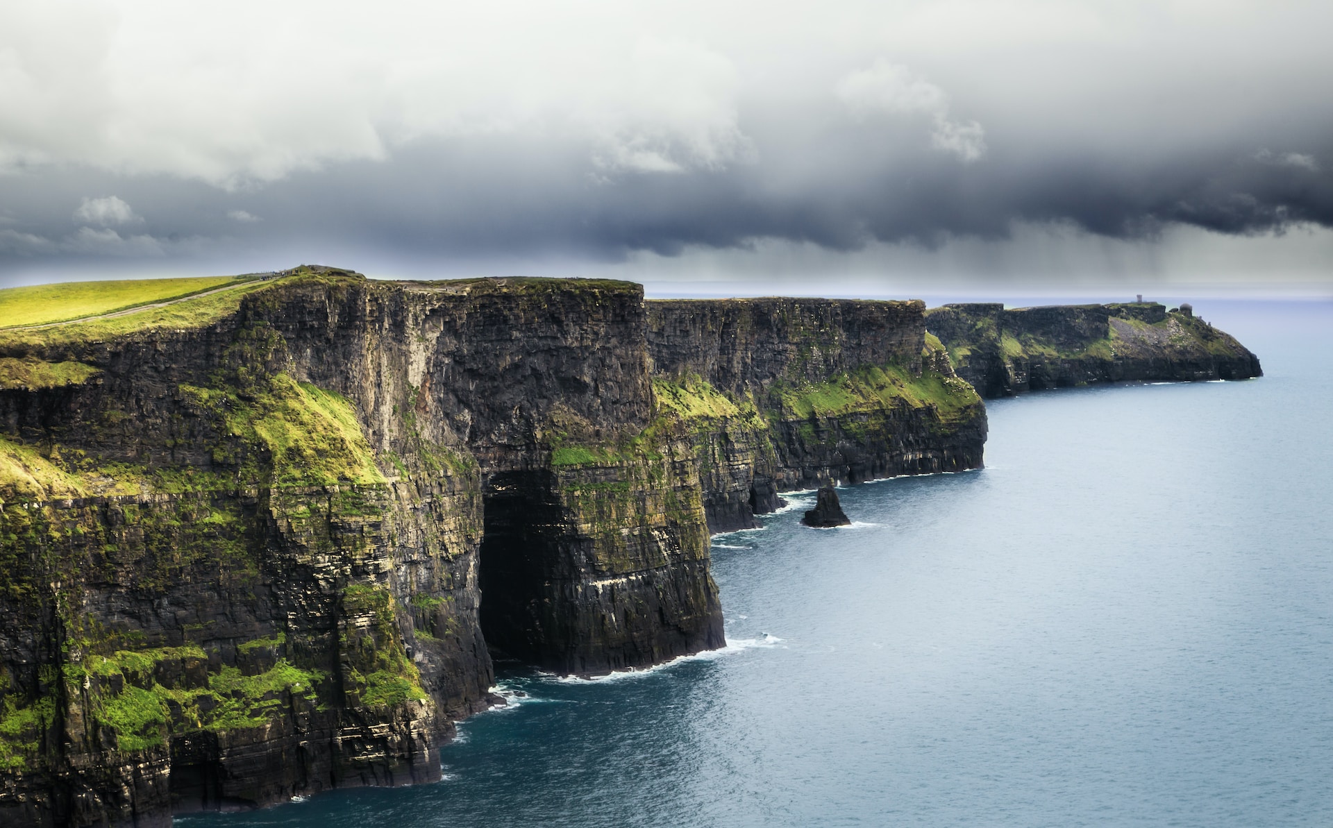 Ireland's Cliffs of Moher with storm clouds overhead.