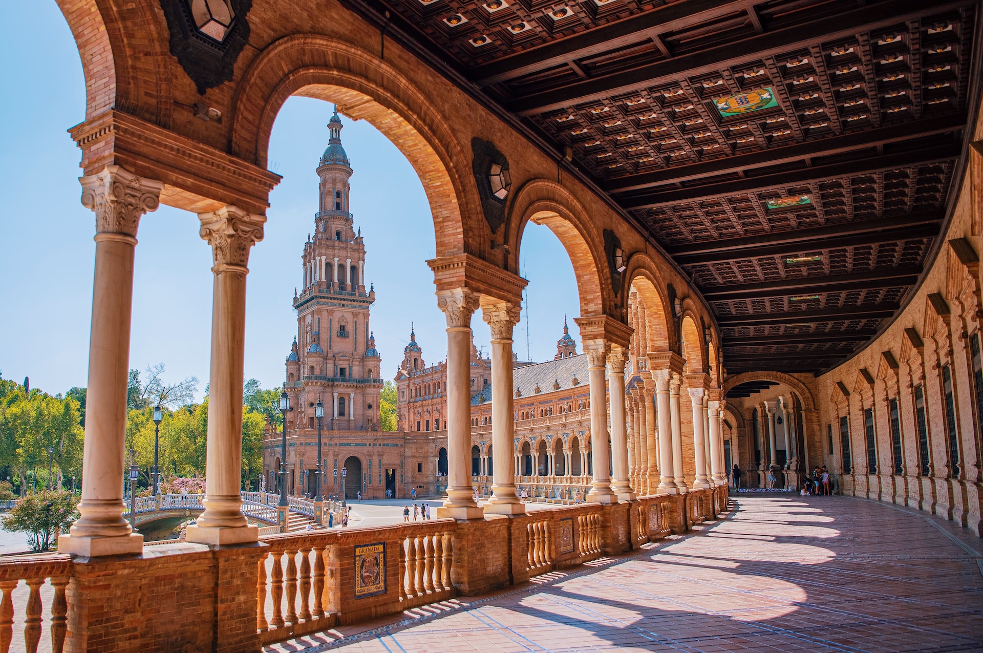 The ornate covered walkways of Plaza de España. 
