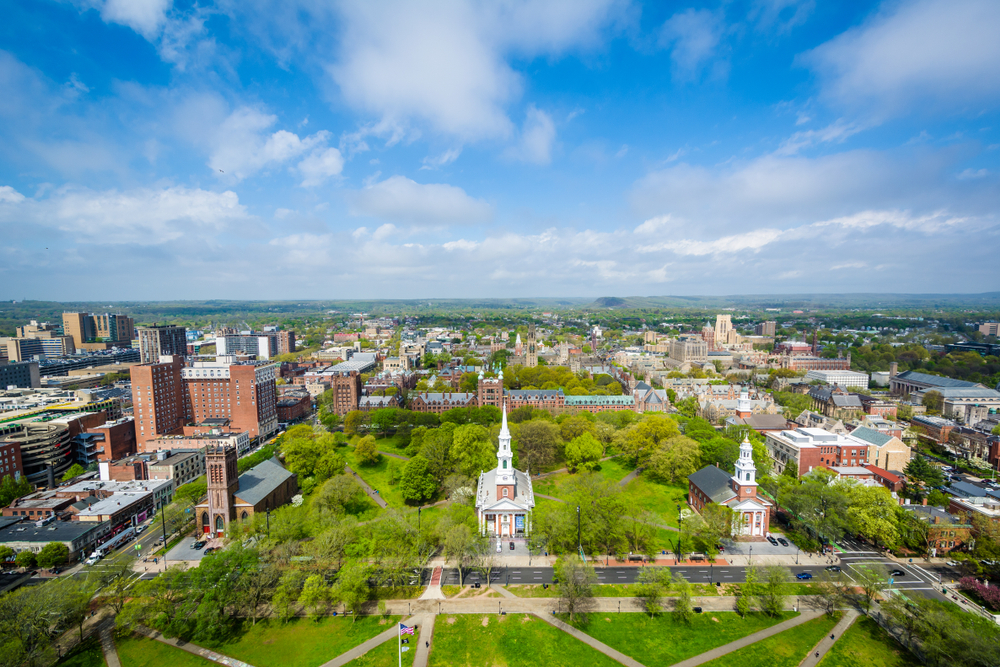View of the New Haven Green and downtown, in New Haven, Connecticut.