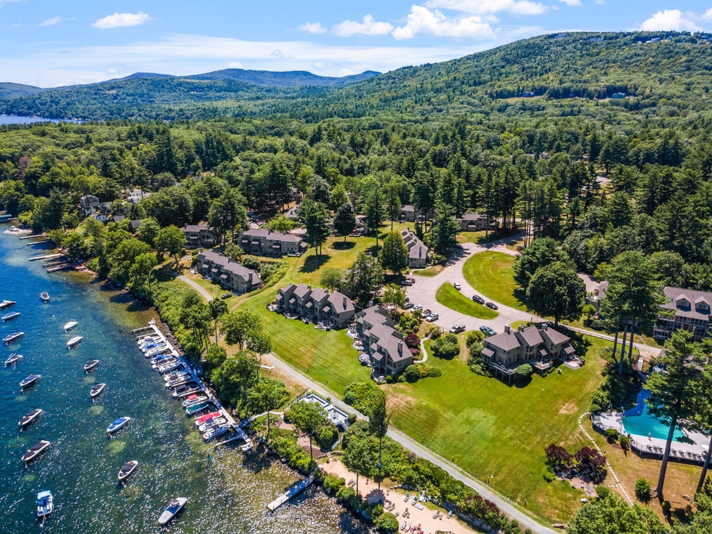 An aerial view of houses near Lake Winnipesaukee in New Hampshire.