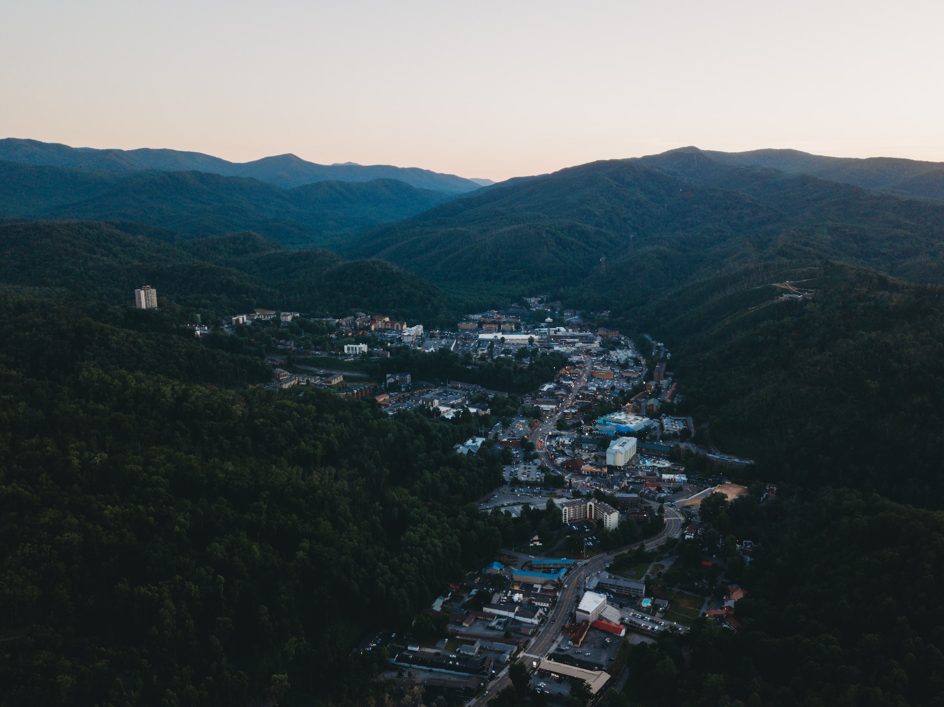 A drone shot of Gatlinburg from up high.