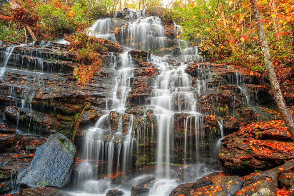 Issaqueena Falls during autumn season in Walhalla, South Carolina.
