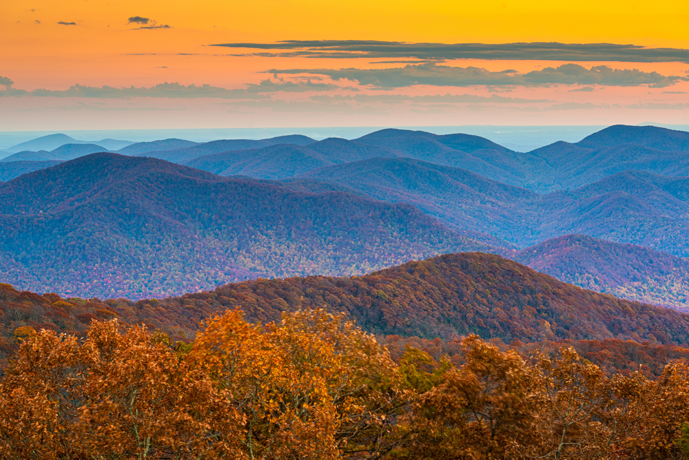 Blue Ridge Mountains at sunset during autumn viewed from Brasstown Bald in North Georgia.