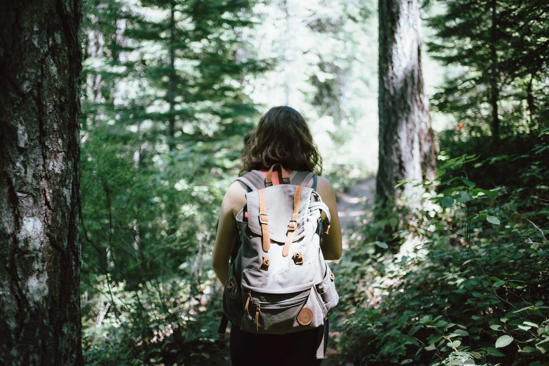 A woman heading into the woods wearing a backpack.