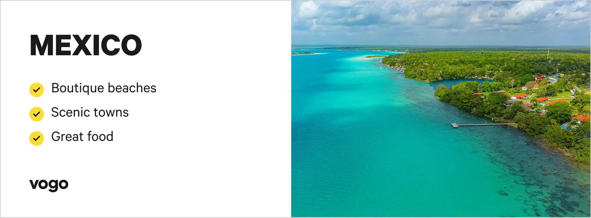 Aerial view of Bacalar, Mexico, showing turquoise blue waters. 