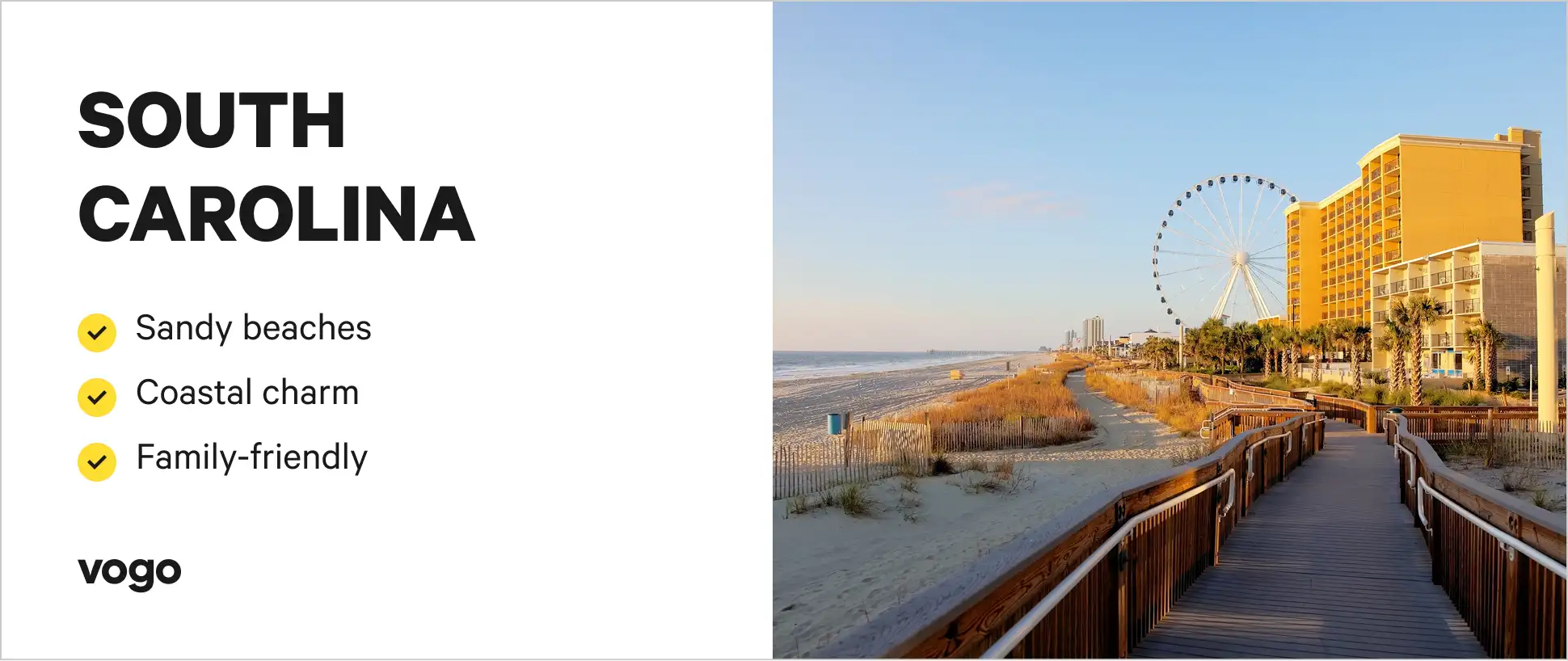 Wide sandy shoreline and oceanfront resorts in Myrtle Beach.