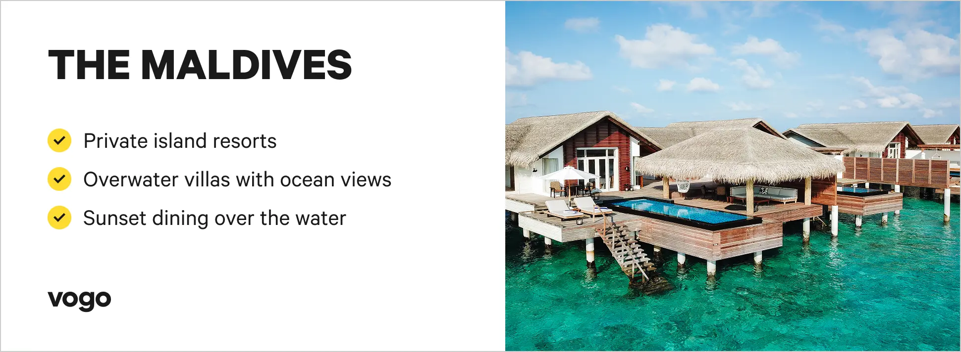 Overwater villas on a private island resort in the Maldives.