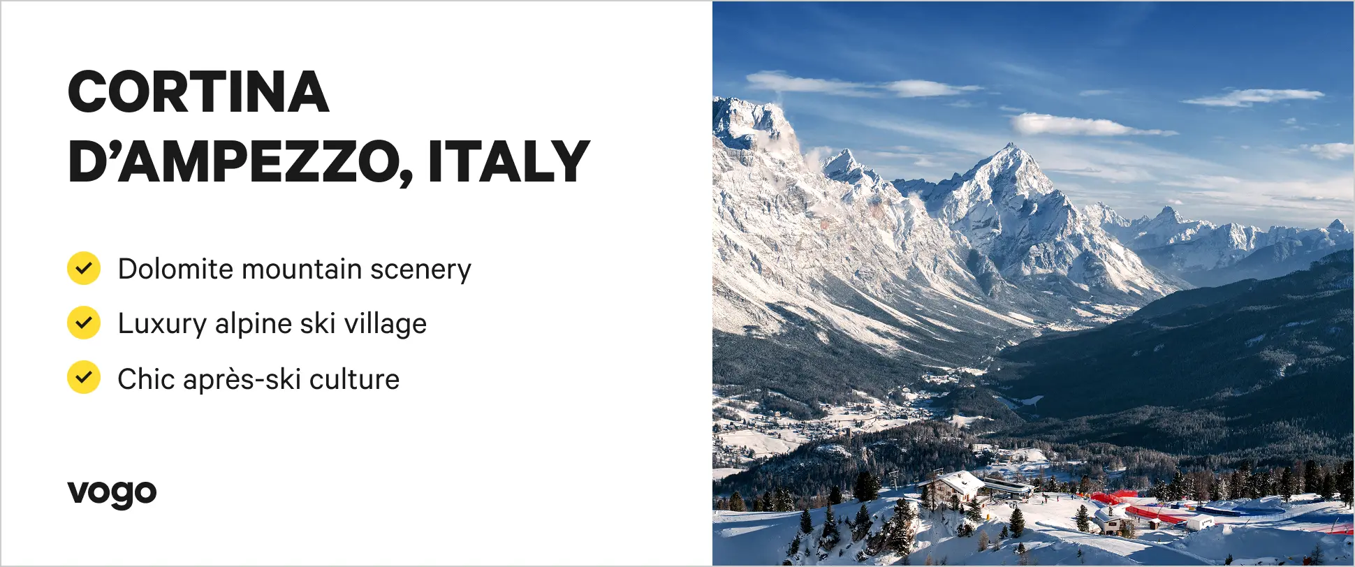 Snow-covered Dolomite mountains and ski village in Cortina d’Ampezzo. 
