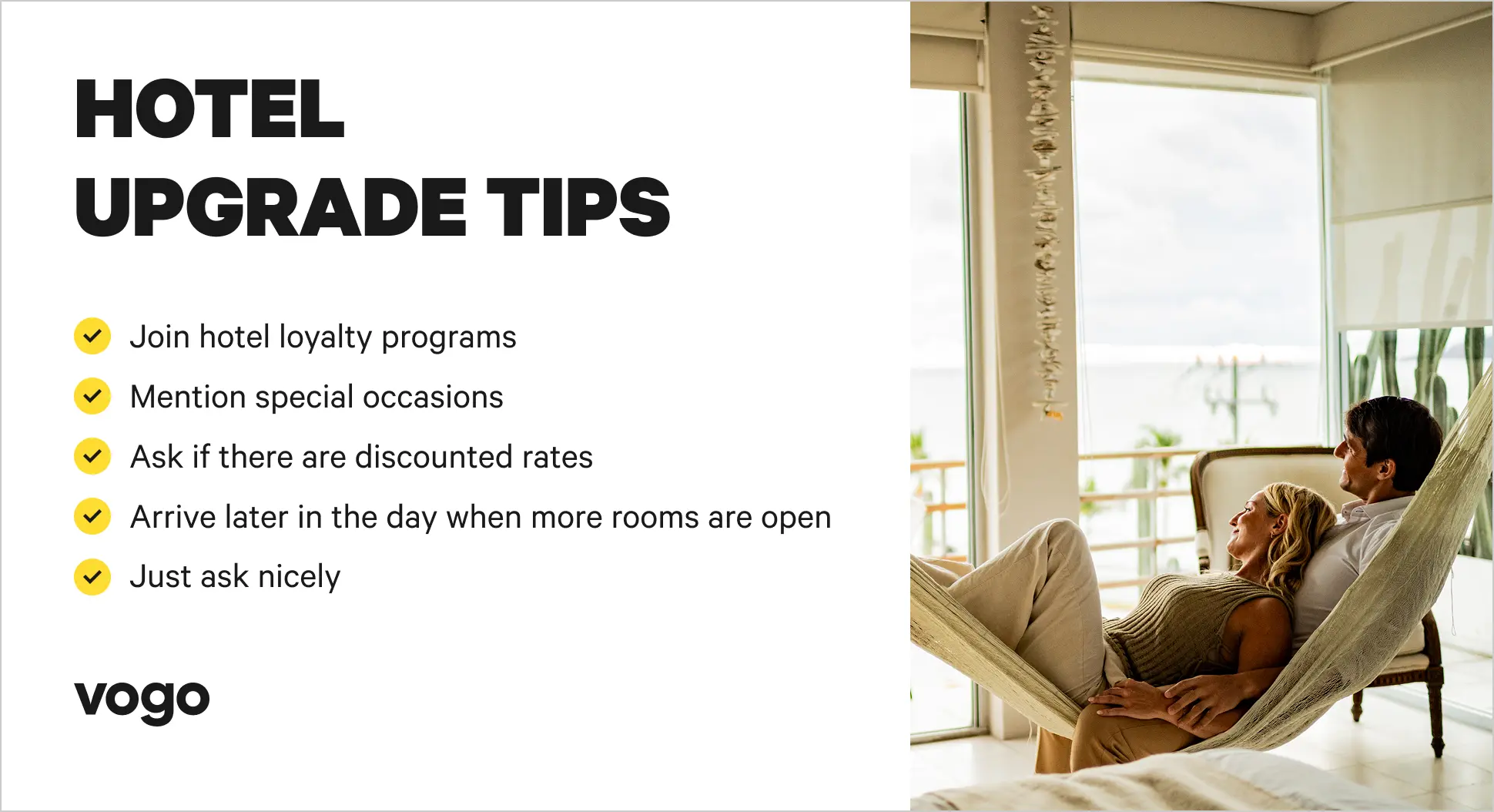 A couple sitting in a resort hotel room on a hammock with hotel upgrade tips. 